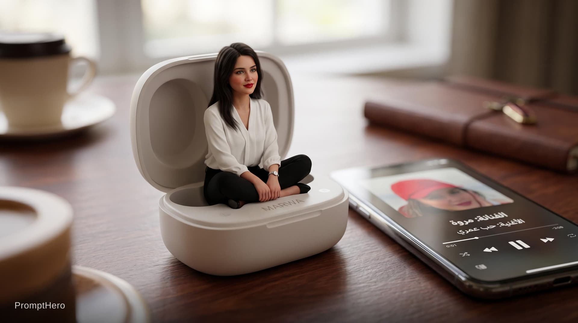 AI generated: Marwa Cat 
A realistic cinematic scene of a miniature beautiful young woman sitting cross-legged ins...