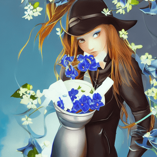 AI generated:  female hero;  style look like game: "bag inside a bag of milk" ; blue flower arrangement; the focus...