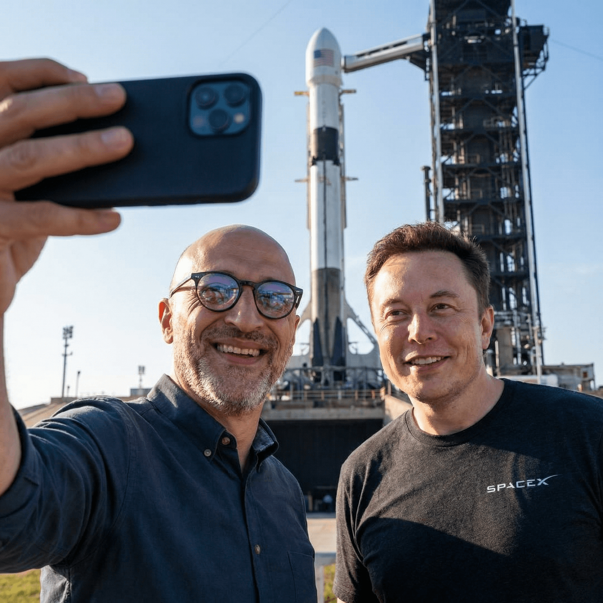 AI generated: with Elon Musk in front of a SpaceX rocket, professional setting