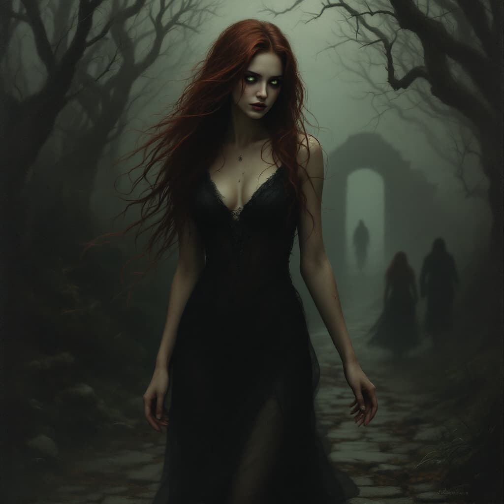 AI generated: Create a hauntingly beautiful oil painting masterpiece of a woman with burgundy hair and ivory skin ...