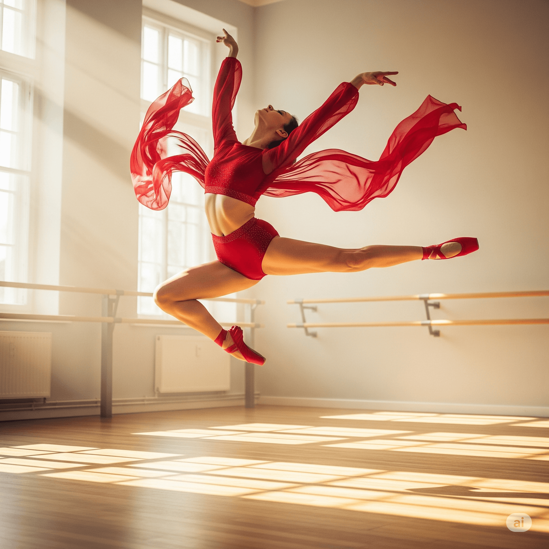 AI generated: A graceful ballet dancer performing a high, elegant leap in a sunlit dance studio. She is wearing a ...