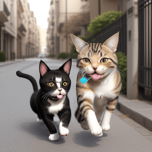 AI generated: A cat is carrying a puppy in its mouth. The cat is running down a street, and the puppy is looking b...