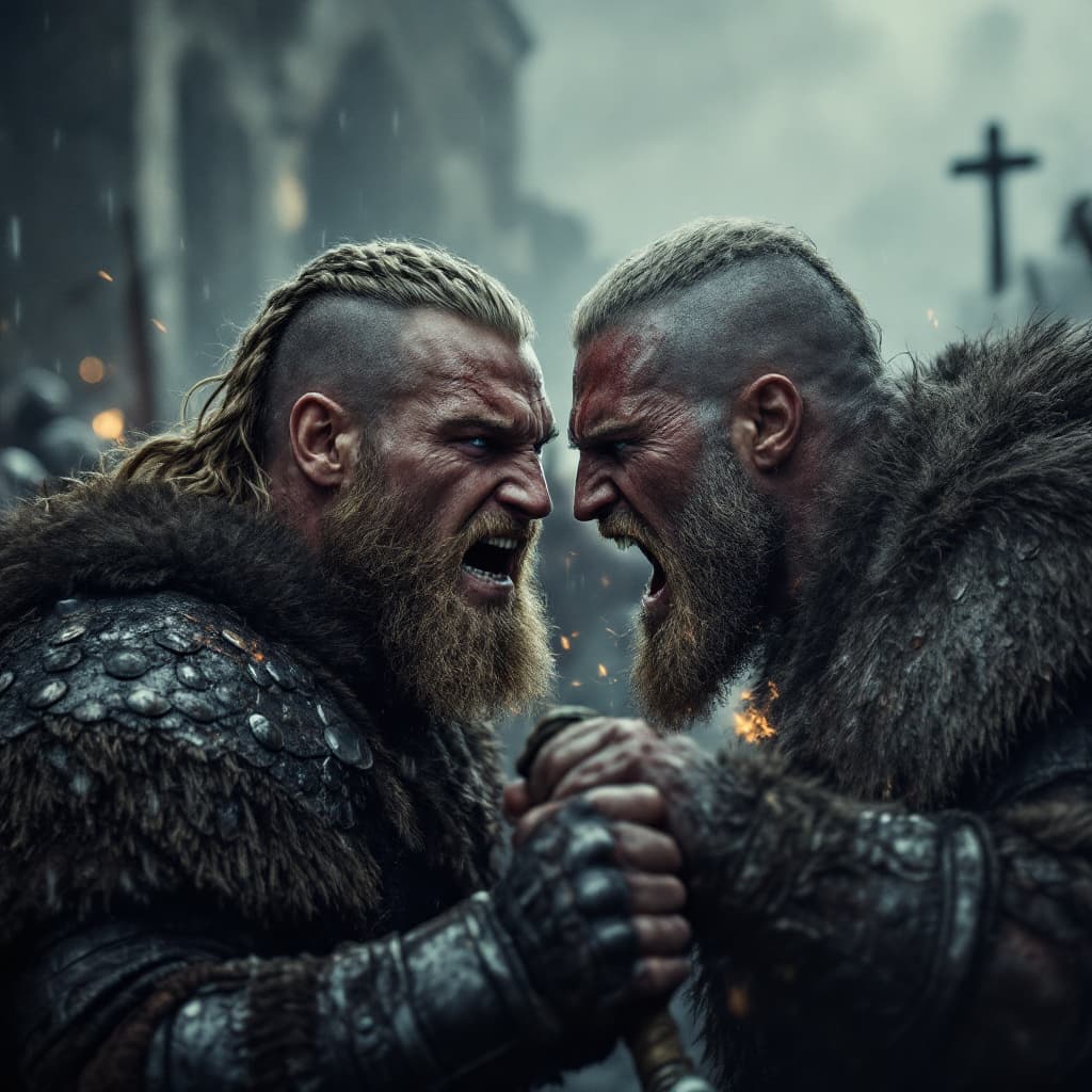 AI generated: Ragnar Lothbrok, a fierce Viking warrior with braided blonde hair and intense blue eyes, locked in b...