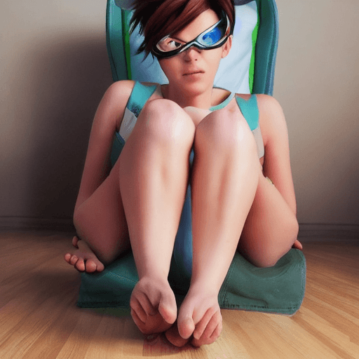 AI generated: Tracer from overwatch , feet, bare feet soles, in viewers face