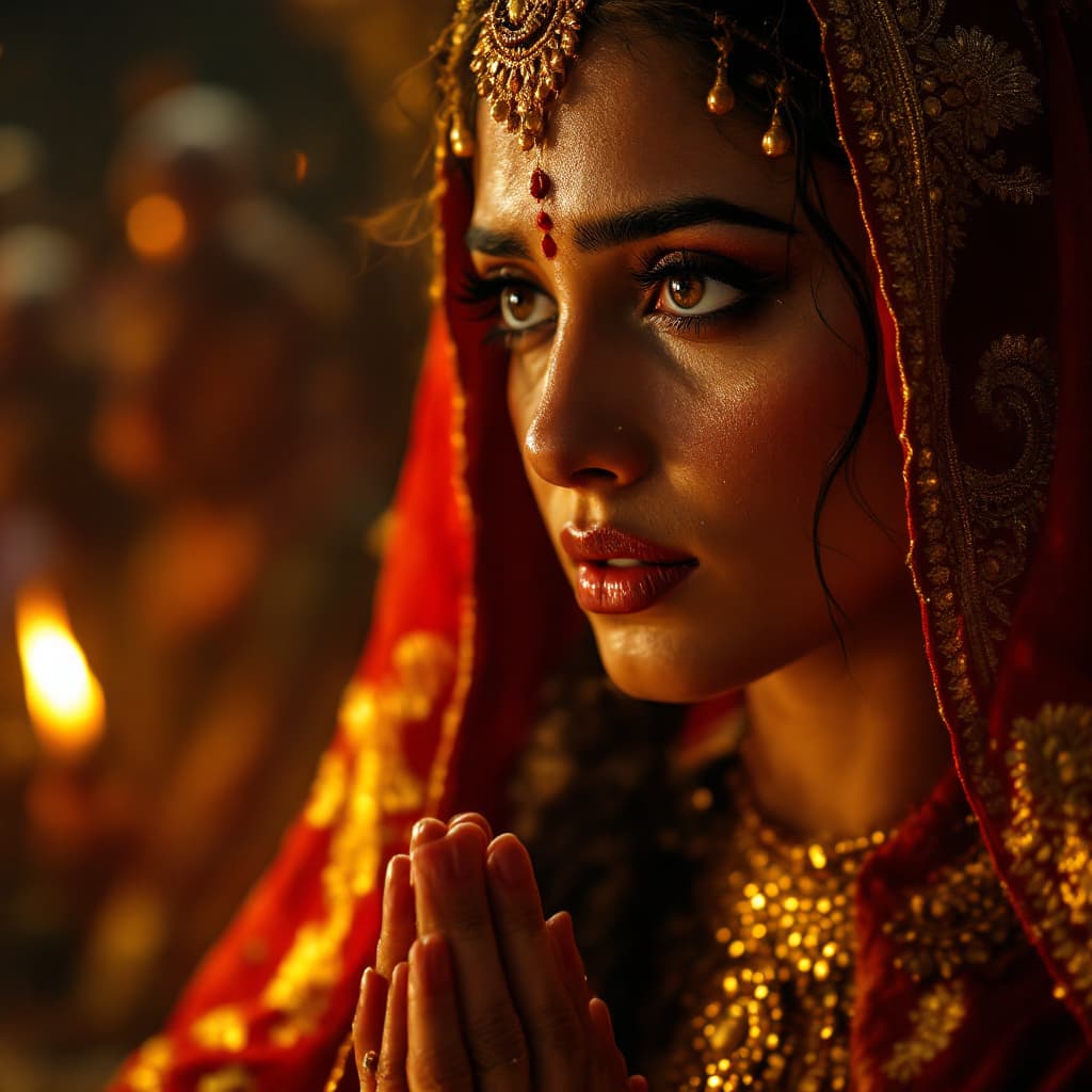 AI generated: "A close-up of Draupadi’s face, tears welling in her wide eyes, her lips trembling in despair as she...