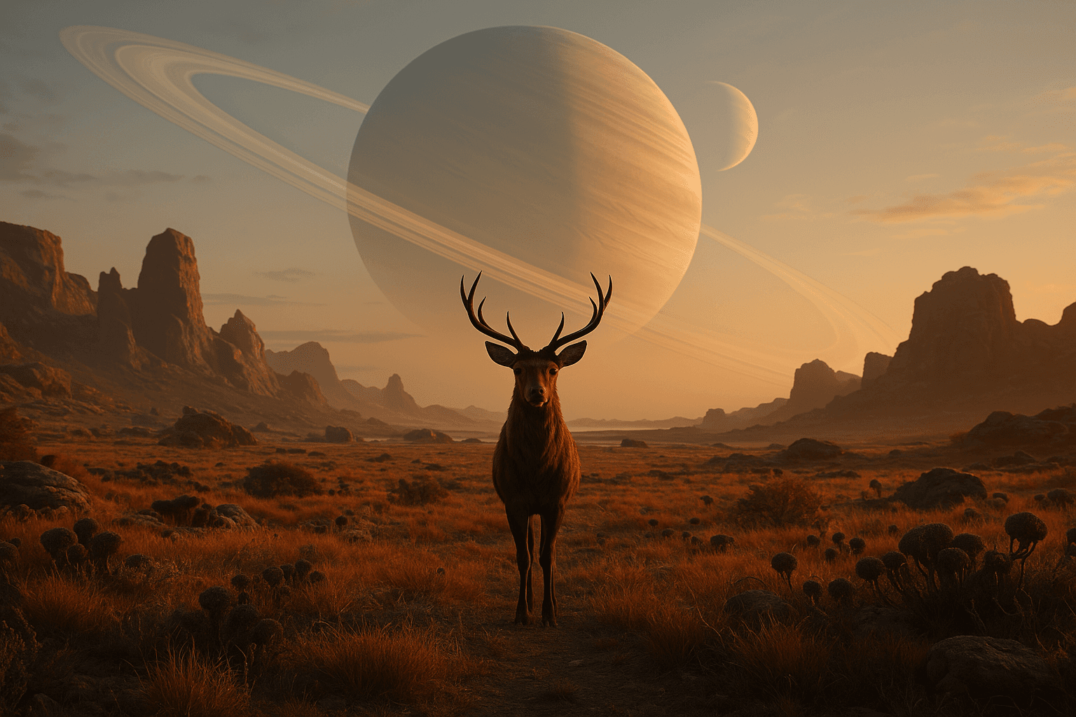AI generated: A tranquil symmetrical shot scene of a enchanted deer in a alien planet, captured in photorealistic ...