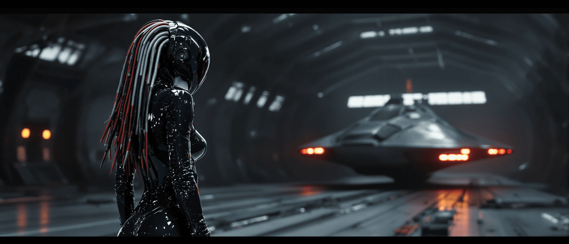 AI generated: A futuristic theam: She's standing in a dark hangar looking on a spaceship in the bacground, all dre...