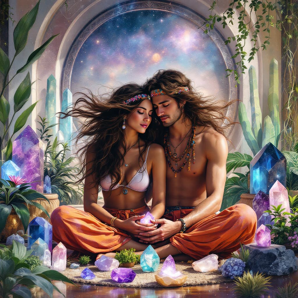 AI generated:  A painting by AI intelligence, Zen, heavy vibes, souls intertwining.  room for meditation with larg...