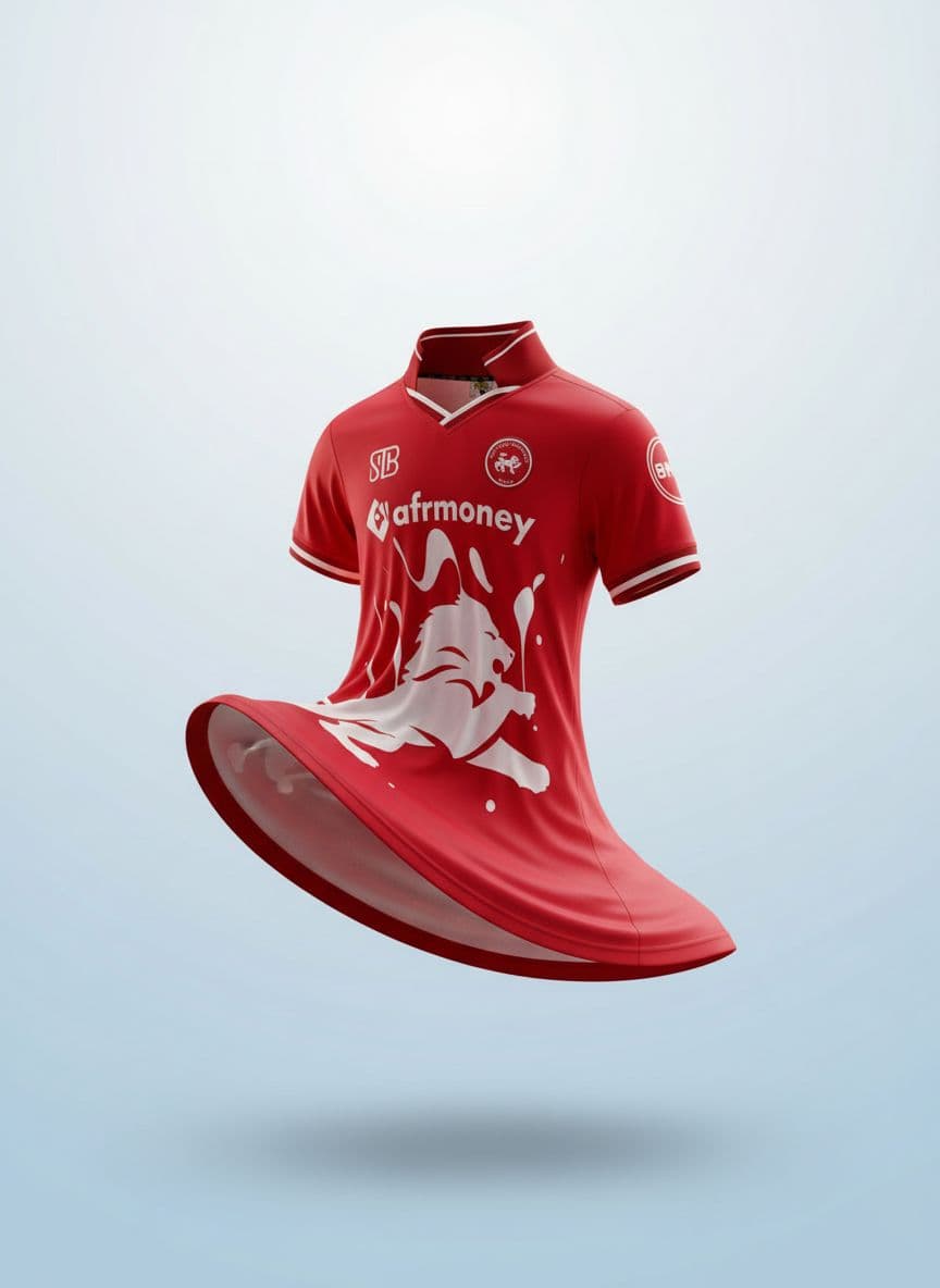 AI generated: A realistic 3D mock-up of a red soccer jersey in a “Gravity Defying” upward swirl pose, where the bo...