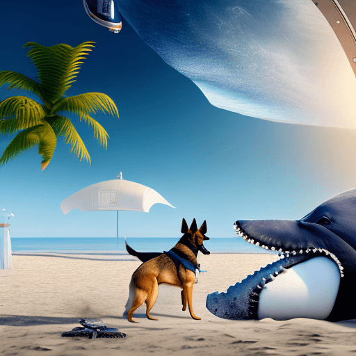 AI generated: a German Sheppard dog in an astronaut suite on a long sand beach with palms and a whale blowing in t...