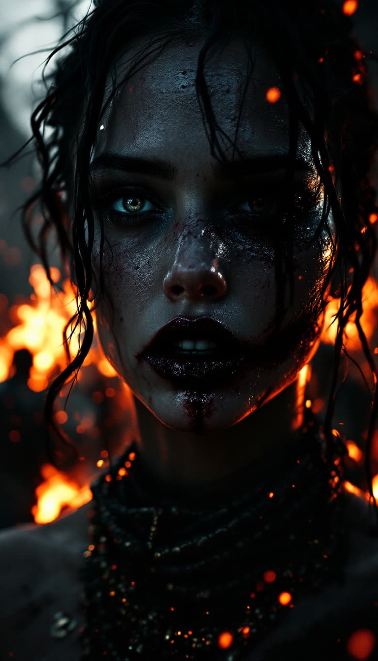 AI generated: high-resolution photograph, woman, ugly scar in the lips, exposed body,  stunning use of shadows, in...