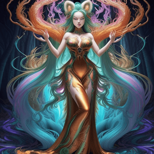 AI generated: In this hyper-maximalist masterpiece, a breathtaking image of the ultimate (nine-tailed fox girl) un...