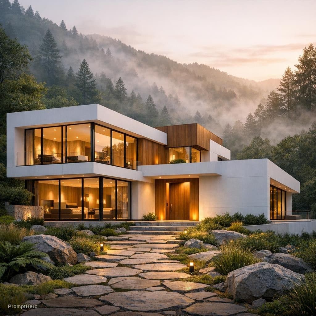 AI generated: A minimalist modernist villa harmonizing with nature, located in a deep green mountain forest covere...