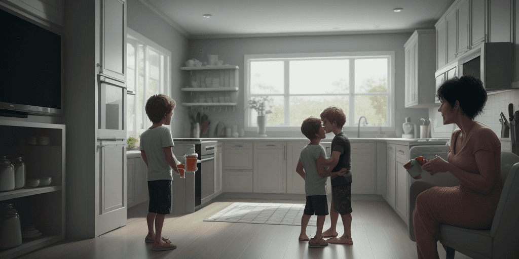 AI generated: A mother using a blender in the kitchen while her son watches television(TV) , cinematic, hyper real...