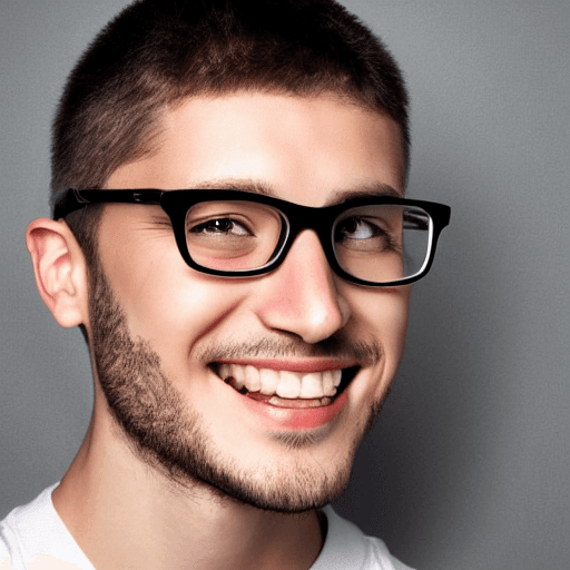 AI generated: youthful male , square face , square glasses , nerd, short  hair, middle eastern, small lips, smile