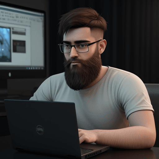 AI generated: a young man with trimmed beard and short hair style wearing glasses is using a laptop, a computer re...