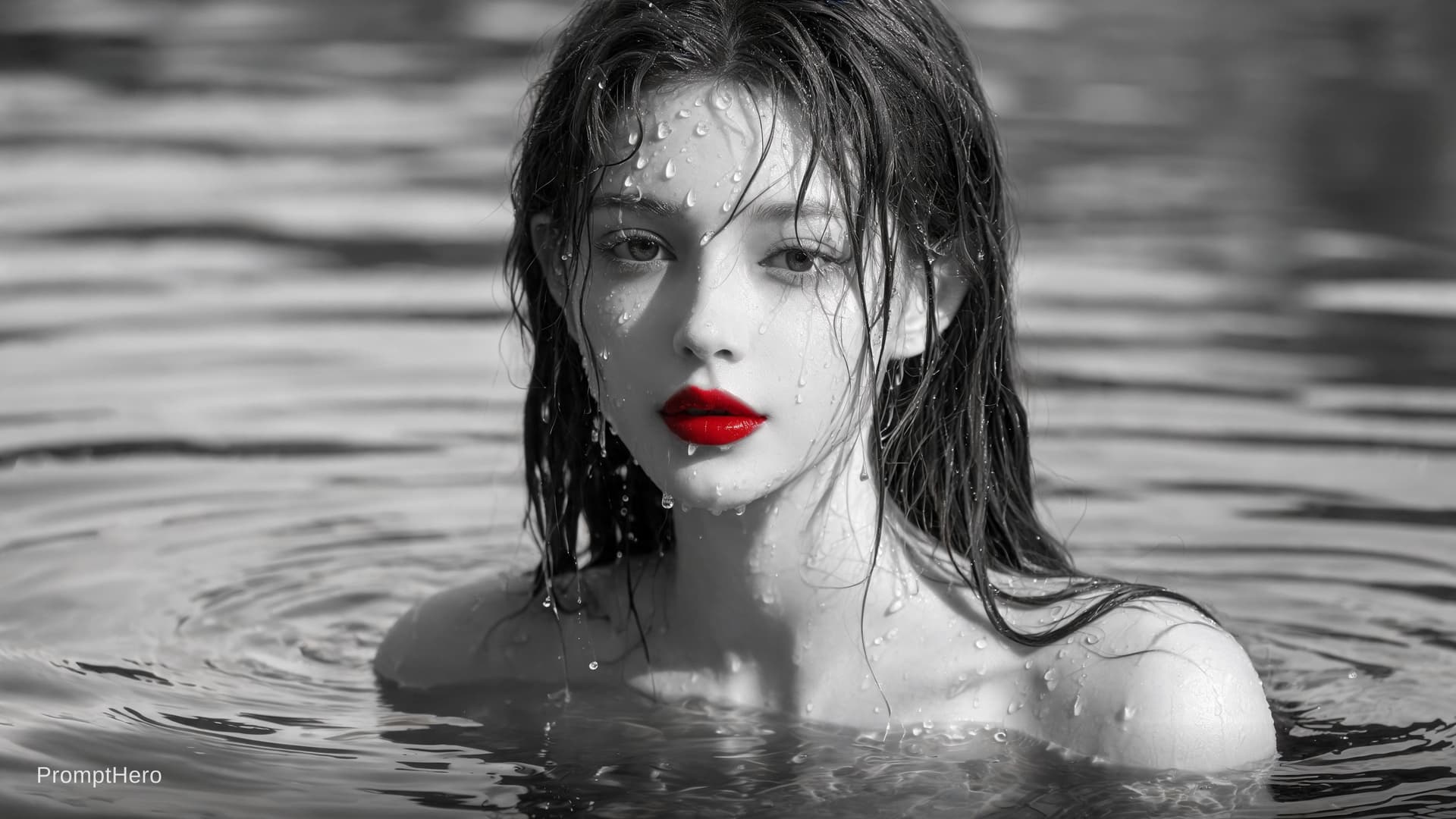 AI generated: photo of a woman in the water, black and white with pops of color, frameless, freya, droplets, magaz...