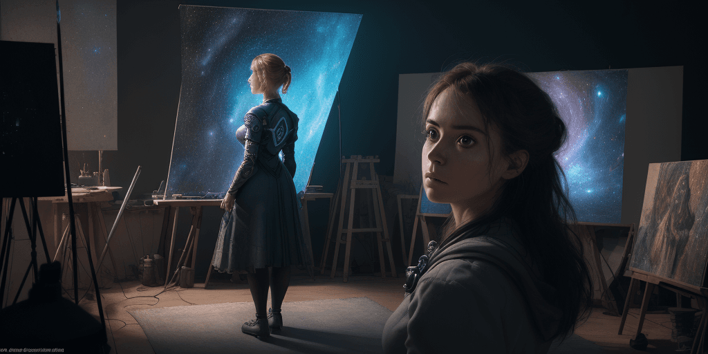 AI generated: a woman standing in her studio, with a look of surprise and wonder as she gazes into the distance, c...