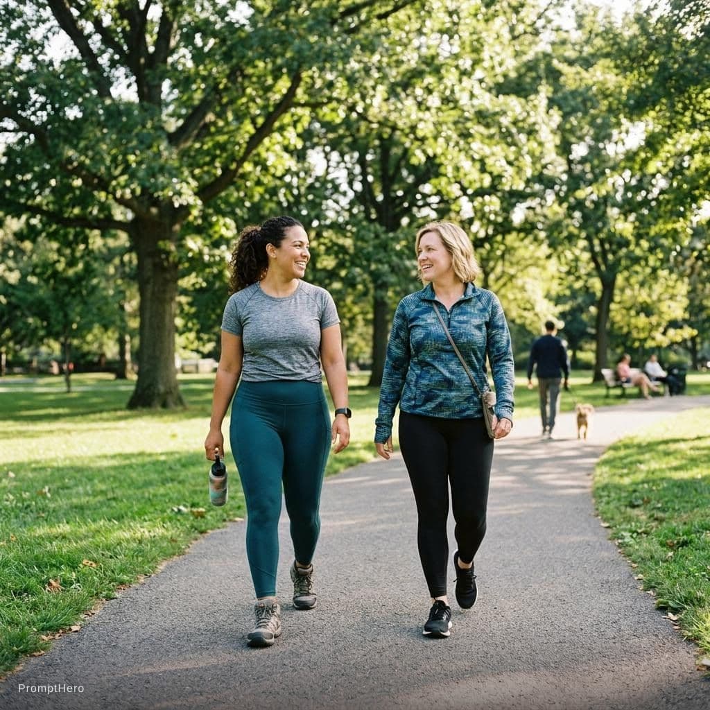 AI generated: two thick curvy pawg moms walking in park in leggings