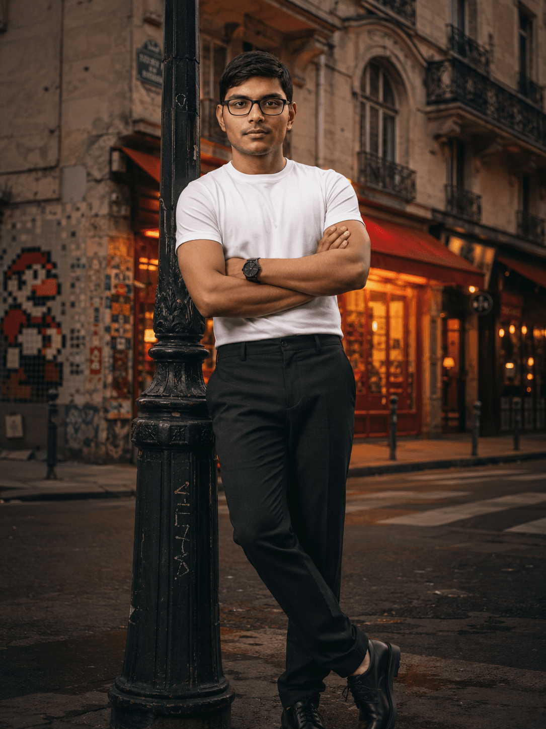 AI generated: A man stands on a city street, leaning his shoulder against a lamppost, arms crossed over his chest....