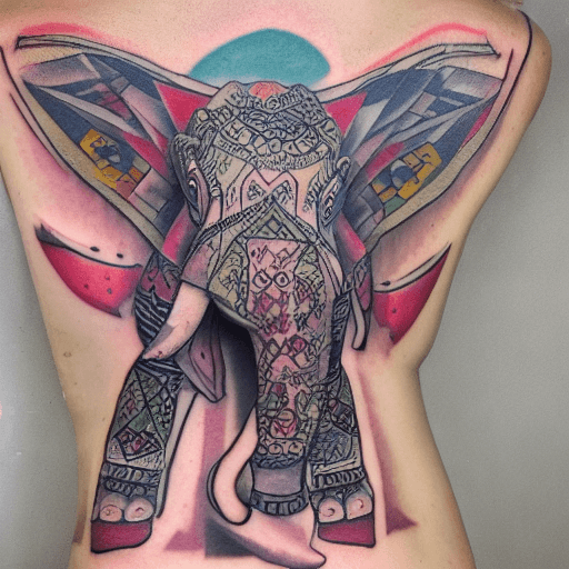 AI generated: TATTOO, COLOR, ON THE BACK, ELEPHANT, ARMOR, PERSIA, MONEY, LUCK,
