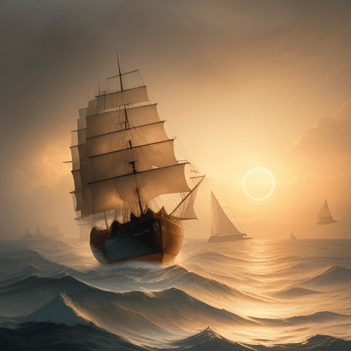 AI generated: a tiny sailing ship in an empty sea, dramatic light, melancholic sunrise, cinematic lighting, batter...