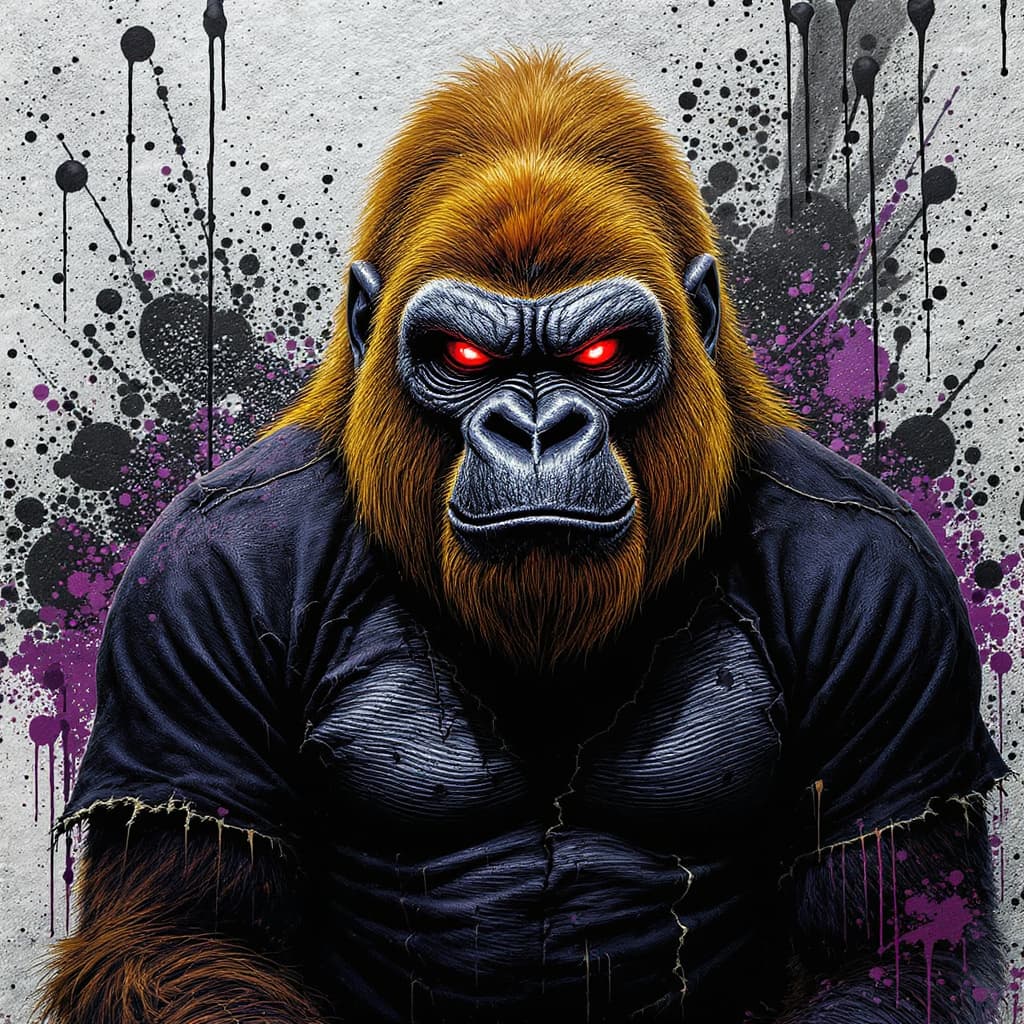AI generated: Ultra detailed dark urban graffiti illustration of a sinister gorilla, sitting front-facing, golden ...
