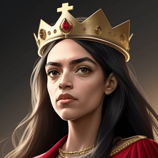 AI generated: Alexandria Ocasio-Cortez wearing a crown standing above peasants 