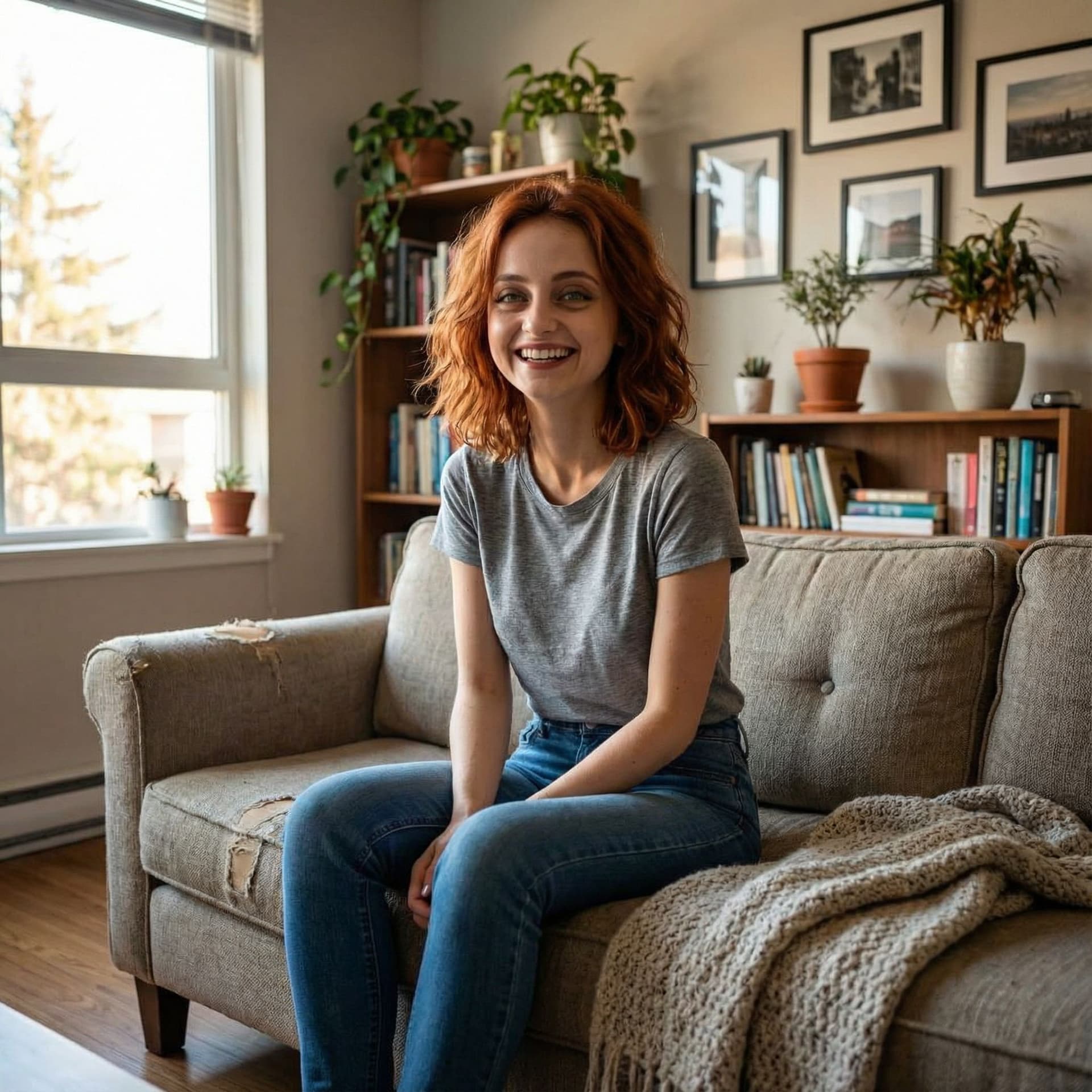 AI generated: Smiling Woman sitting on sofa in modest apartment