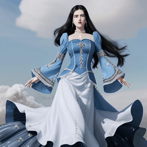 AI generated: A white female with blue eyes and black hair wears a long dress with a large skirt and three-quarter...