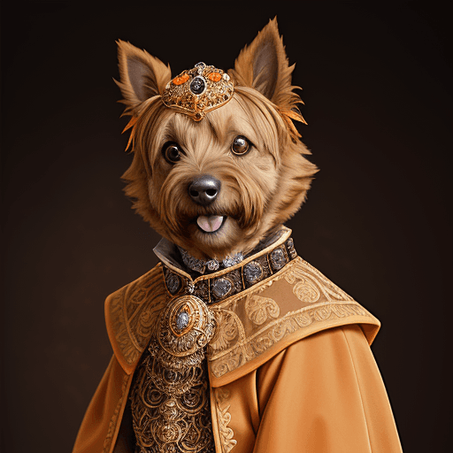AI generated: Cairn terrier, orange tabby, renaissance costume, ruff collar, golden robe, studio portrait, noble d...