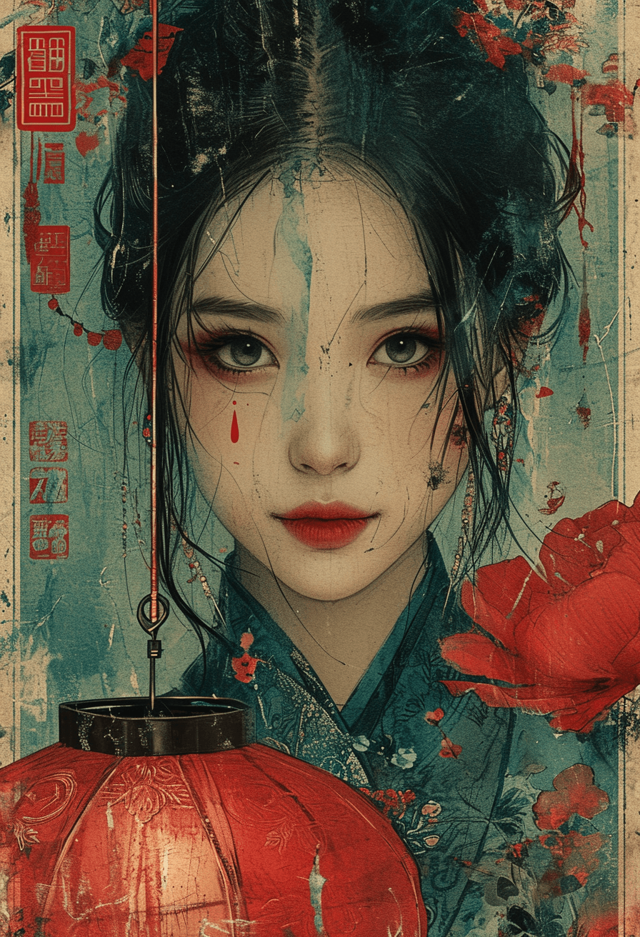 AI generated: vintage poster of a Chinese woman holding up a lantern in front of her face, in the style of nene th...