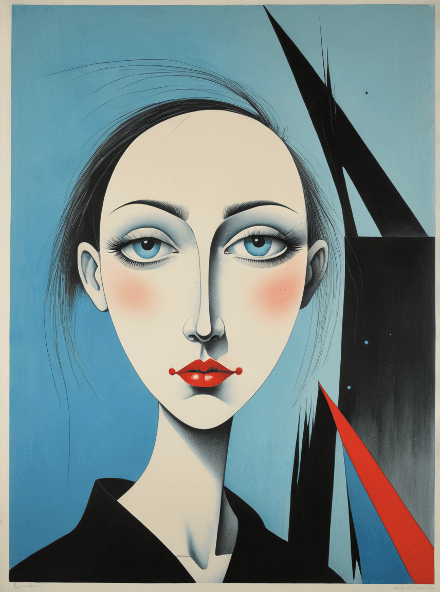 AI generated: a lithograph draw of a woman, (by Yves Tanguy:1.5)