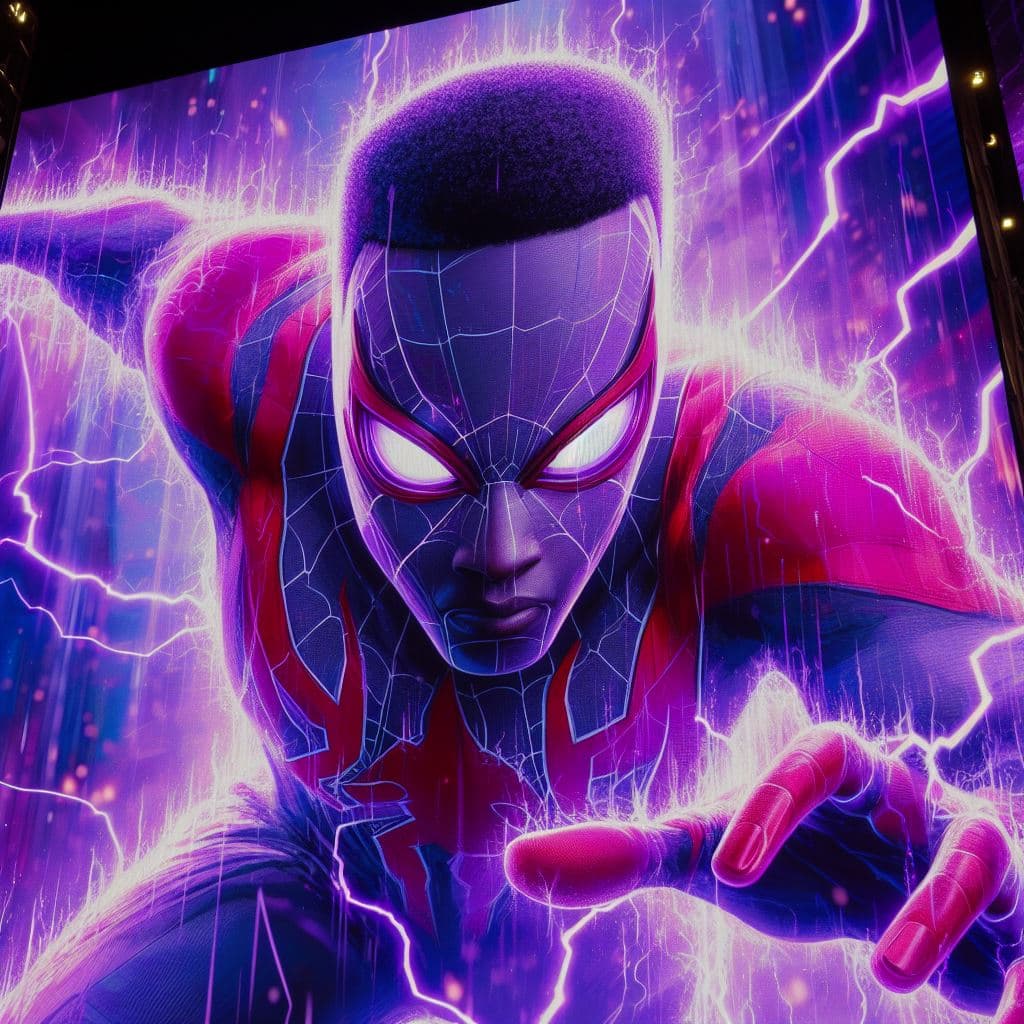 AI generated: close up Miles Morales of Marvel, Purple Electric Shock Effects, Masterpiece, gigantic scale, ascii-...