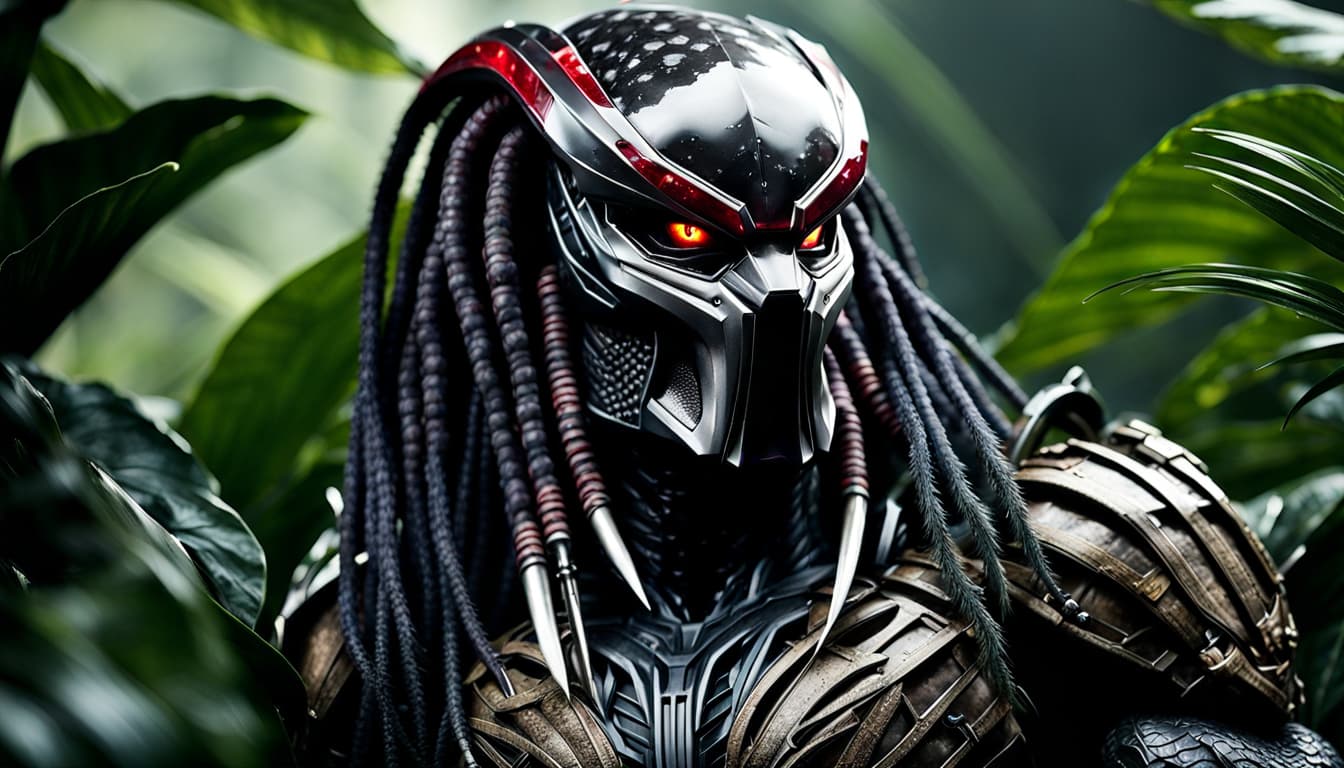 AI generated: 50mm portrait photograph, the iconic highly detailed cinematic rendering of Predator, wet iconic dar...