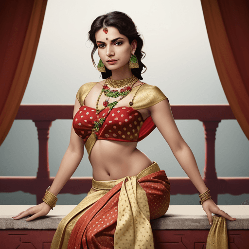 AI generated: An image of a woman seated elegantly on a ledge, wearing a traditional red and gold polka-dotted sar...
