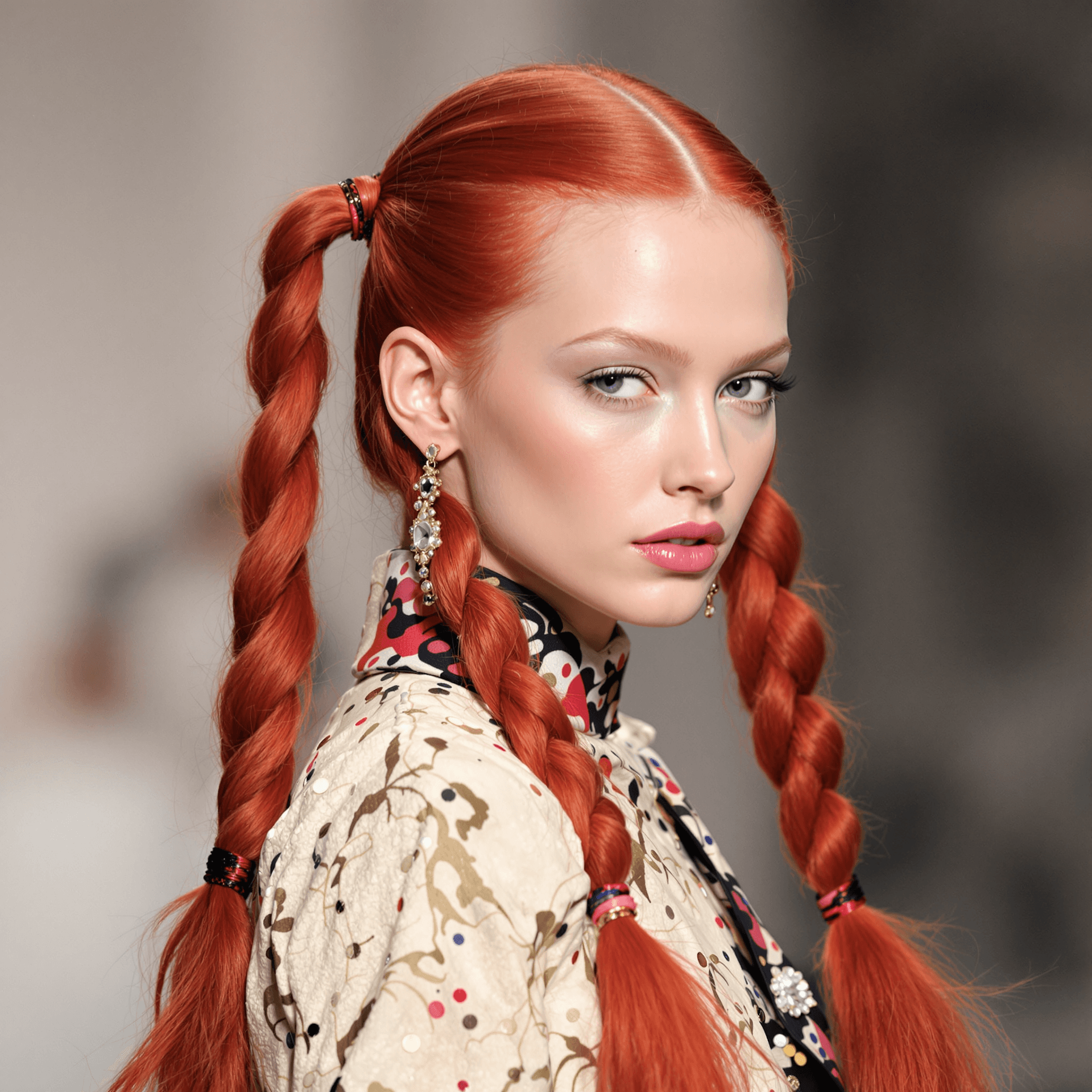 AI generated: Vogue Runway Model with long Pigtails in the style of red candycore hair, pale skin and light pink l...