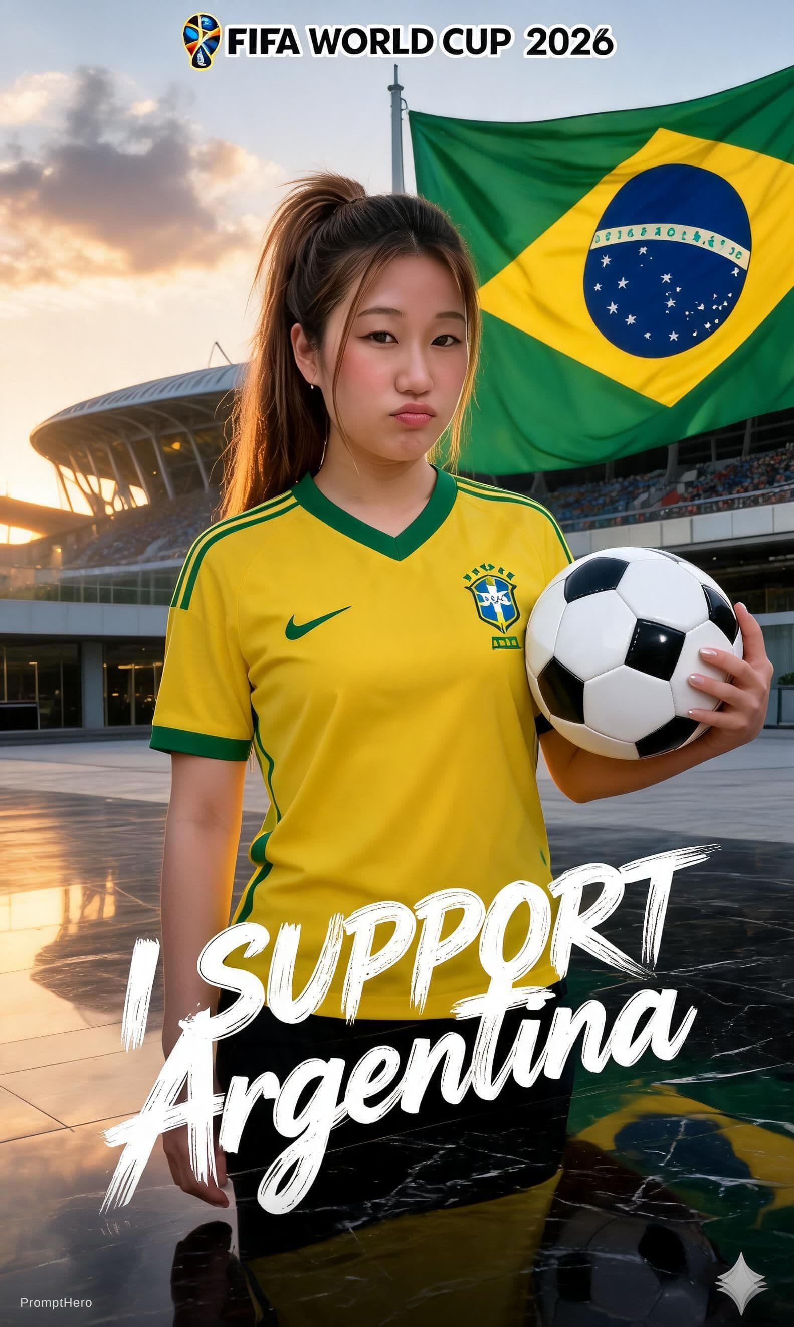 AI generated: 
Create a cinematic FIFA World Cup 2026 supporter poster featuring a young female football fan stand...