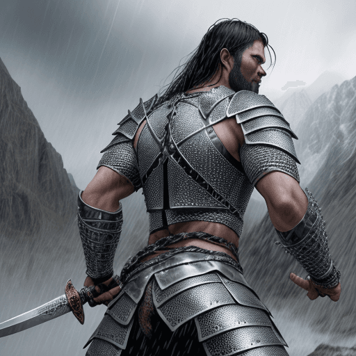 AI generated: Warrior man in chain mail armor wielding a long sword, mountainous background with some fight scenes...