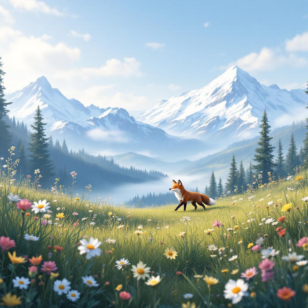 AI generated: An animated scene where flowers in the foreground sway in the wind, a fox walks across the midground...