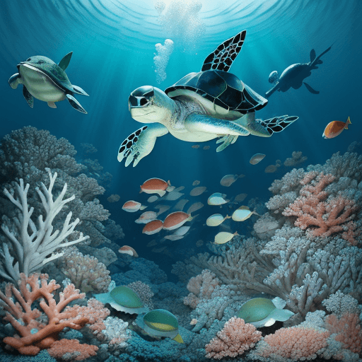 AI generated: dreamy green turtles, blue, white and red corals, fishes, french angels and divers in the caribbean ...