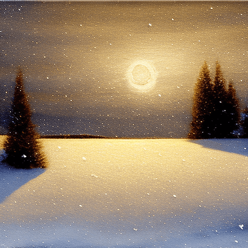 AI generated: snow storm at night.
ice crystals falling to the ground.
small faint golden light from the flat barr...