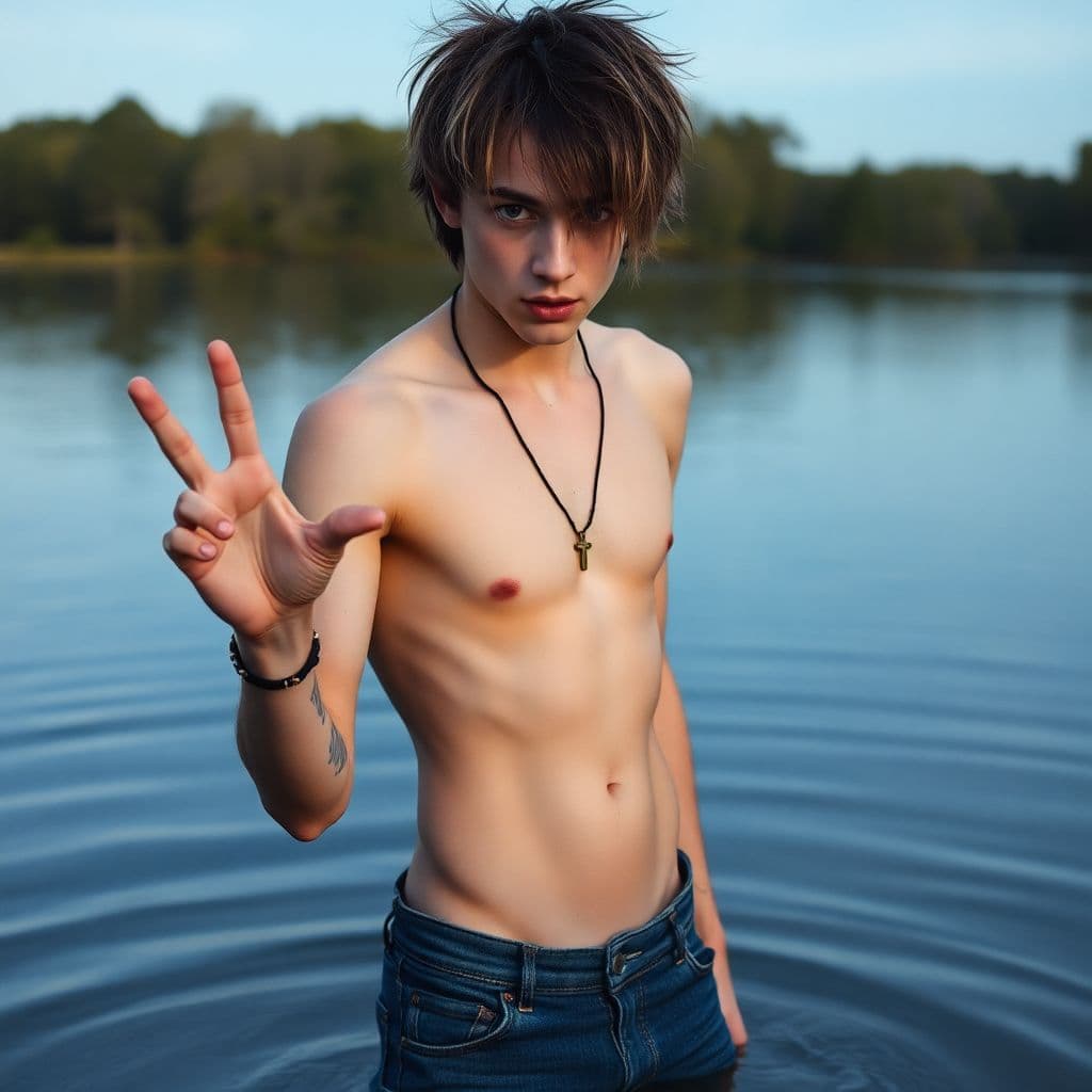 AI generated: A very skinny, college age goth punk guy, no muscles but wiry, thin, in extra large blue jeans, shir...