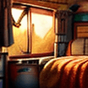 AI generated: camper interior, bed with blankets, pillows, red and brown interior, golden hour, nostalgic, godrays...
