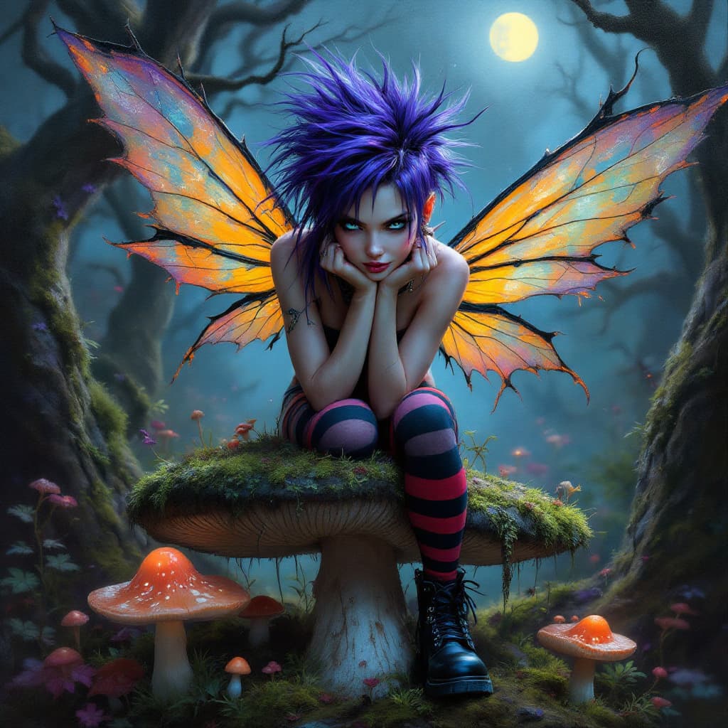 AI generated: Award-winning oil painting masterpiece reimagining the ethereal with edge—a punk fairy defying the t...