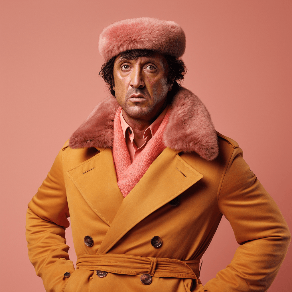 AI generated: Vogue style photo shoot of Sylvester Stallone as character RAMBO from the movie The Royal Tenenbaums...