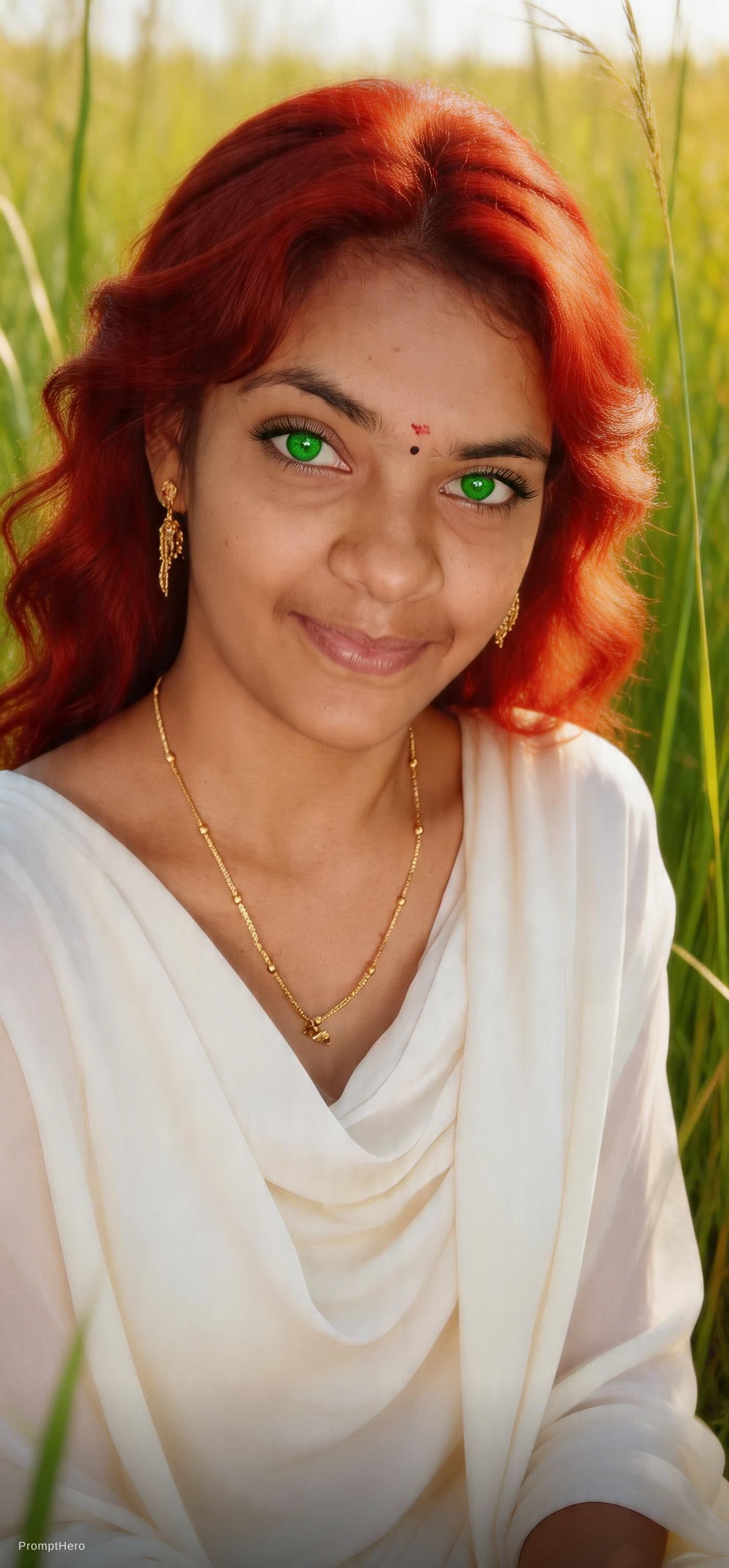 AI generated: A photorealistic portrait of a woman with vibrant, fiery red, wavy hair, seated in a field of tall g...