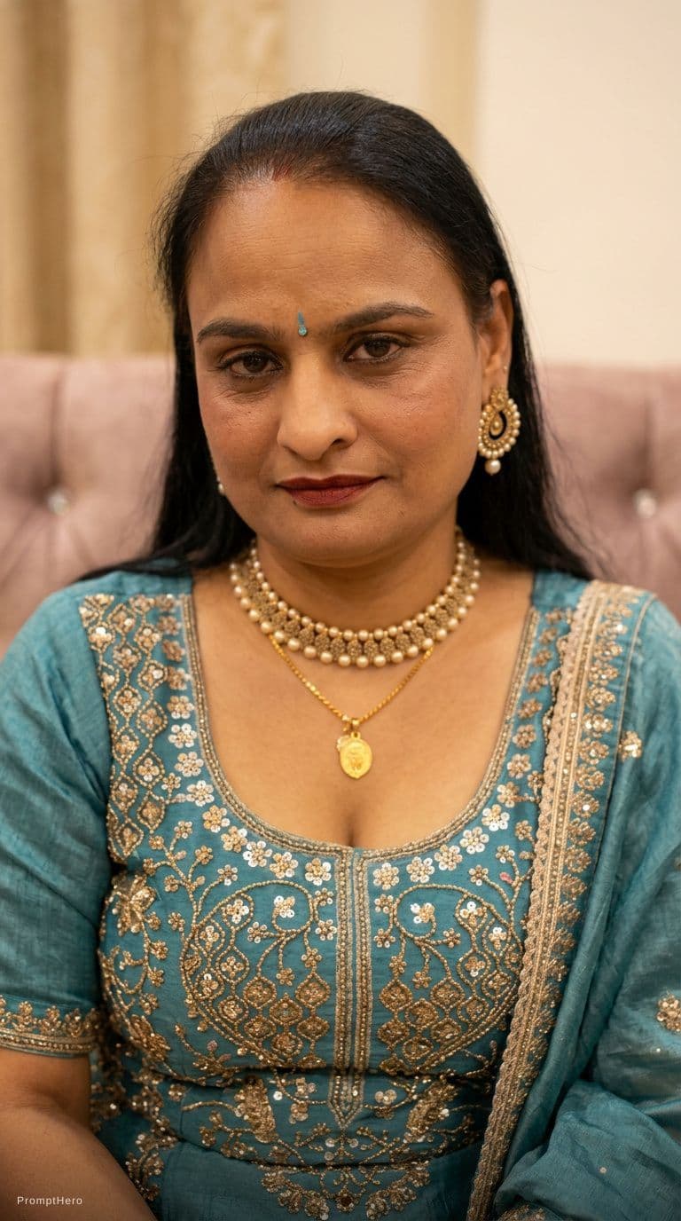 AI generated: Sitting on a couch, same uploaded hairstyle, wearing same décolleté saree dress but cropped, looking...