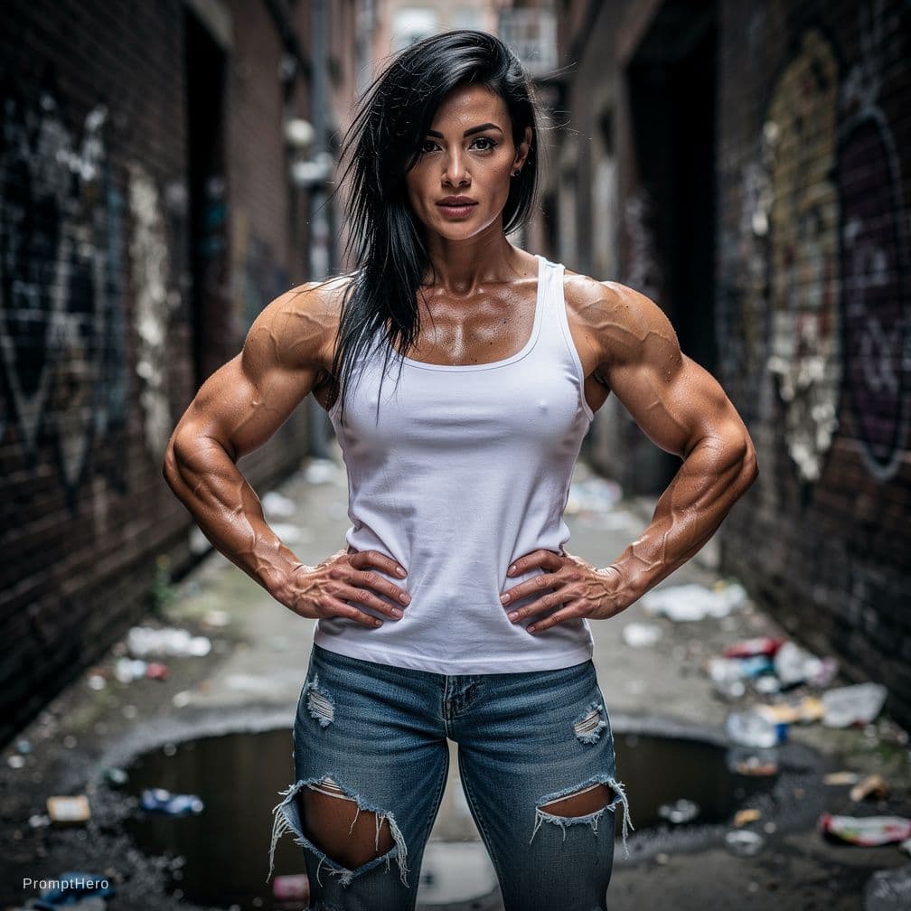 AI generated: Hyperrealistic art sharp focus, detailed edges, woman face, A perfect photo of a muscular woman stan...