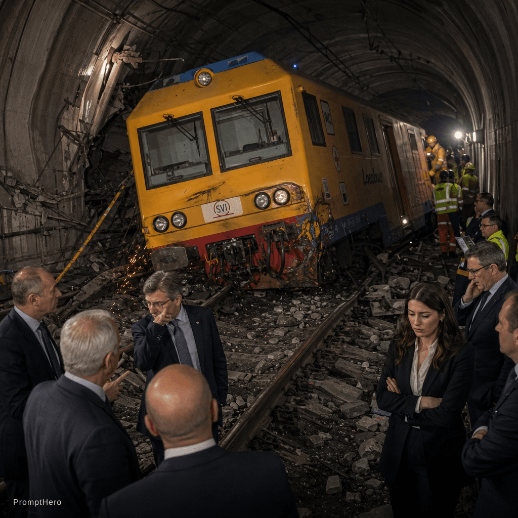 AI generated: un treno cantiere giallo, dove sono presenti autorità, uomini in giacca e cravatta, una giovane donn...